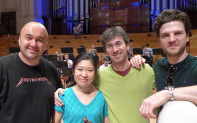 Sporting an appropriate t-shirt, our recording engineer Rangi Powick is with the three soloists for Beethoven's Triple Concerto, Tianwa Yang, Nicolas Rimmer, and Gabriel Schwabe