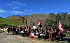 Members of Ngāti Kahungunu protest the sale of Kahurānaki Station which includes the mountain of the same name on Monday June 2nd.