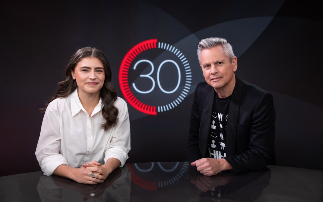 Chlöe Swarbrick, Co-Leader of the Green Party, in studio with Guyon Espiner for season 3 of '30 with Guyon Espiner'.