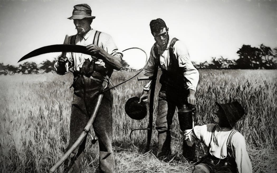 Three scythemen in the UK in the 19th century
