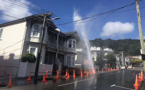 A burst pipe in Mount Victoria, Wellington, has been spraying water high in the air. 5/3/21