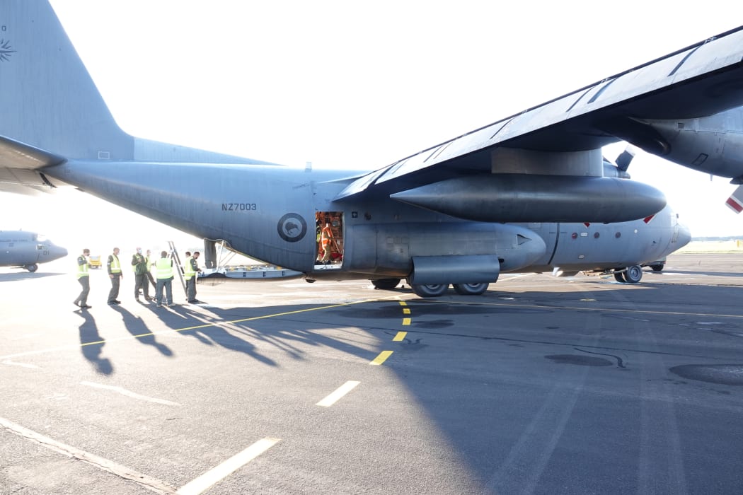 The Hercules is prepared for its training mission. Whenuapai-based 40 Squadron is spending a fortnight at Ōhakea air base in Manawatū for to hone skills and precision in dropping supplies from aircraft.