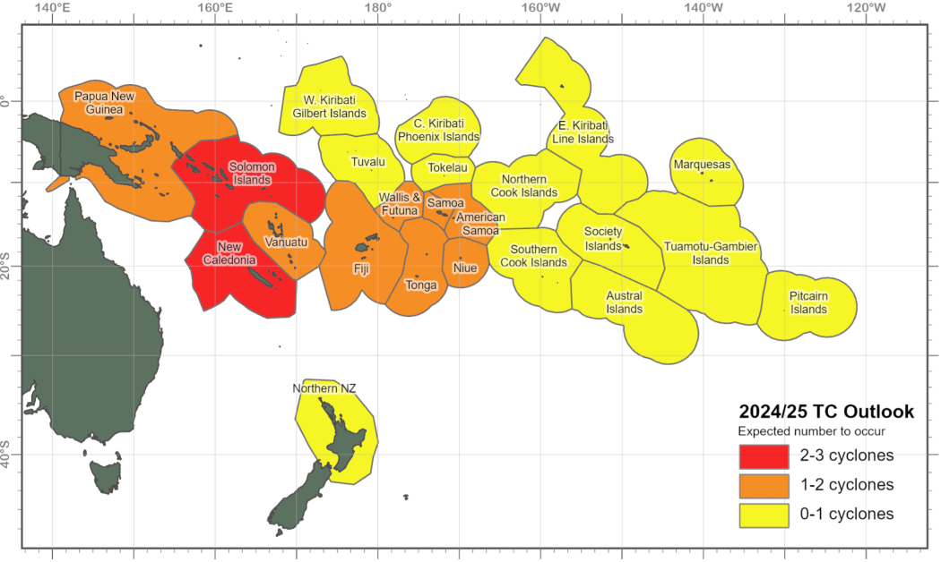A graphic showing the Niwa/Metservice assessment of the number of cyclones expected to hit the Southwest Pacific basin for November 2024 to April 2025.