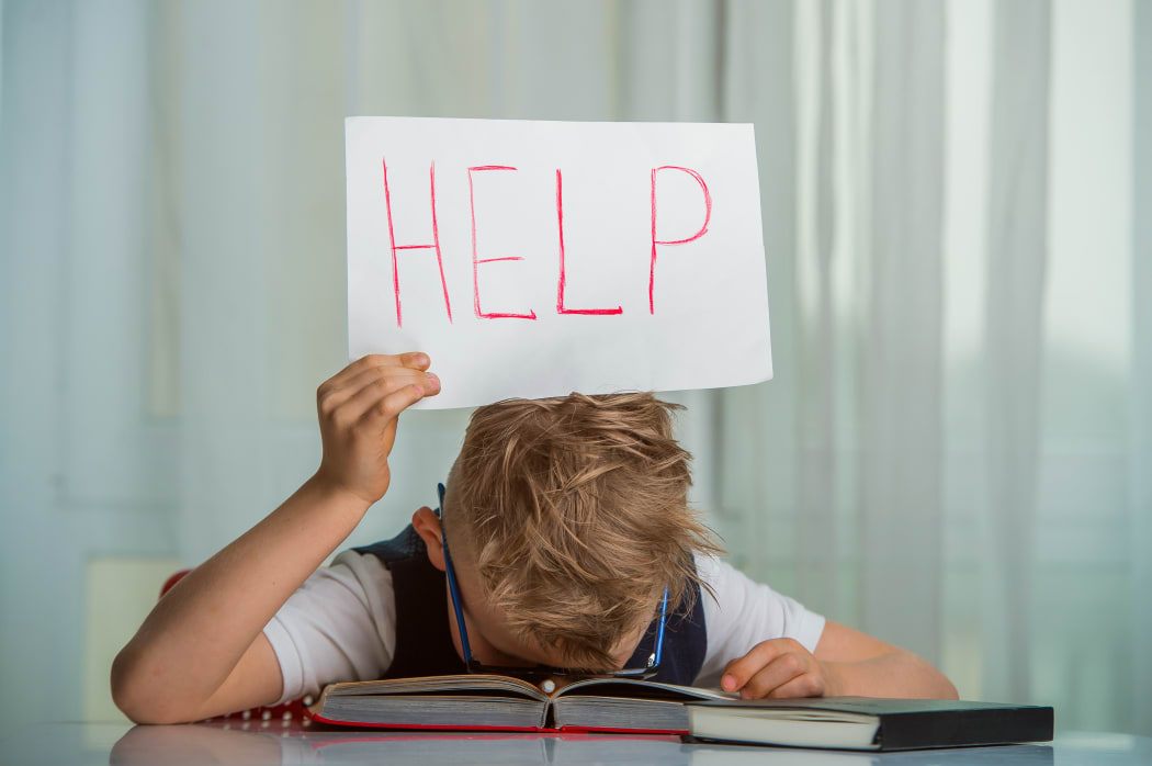 Kid boy sleeping with a textbook over his head and holding a sign with the word Help