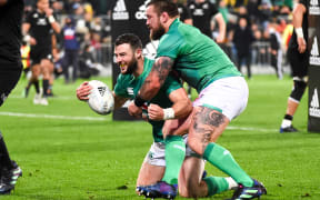 Garry Ringrose of Ireland scores during the All Blacks vs. Ireland match in the third Steinlager series Test at Sky Stadium.