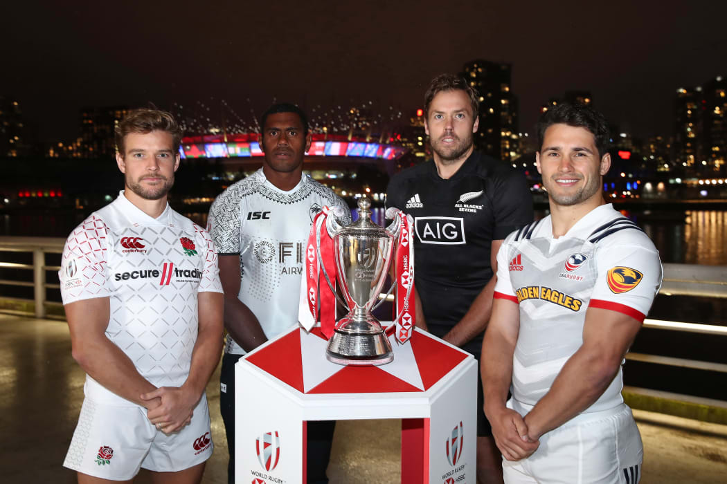 Fiji sevens captain Kalione Nasoko poses with his England, New Zealand and USA counterparts.