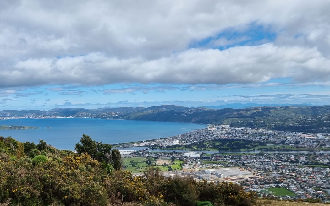 从怀纽奥玛塔 (Wainuiomata) 观景台俯瞰惠灵顿港，俯瞰佩托尼 (Petone) 和海景 (Seaview)。