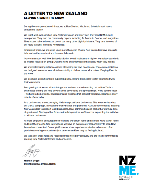 'Letter to New Zealand' by NZME CEO Michael Boggs in March 2020.