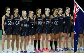 Silver Ferns during national anthem for Quad Series match