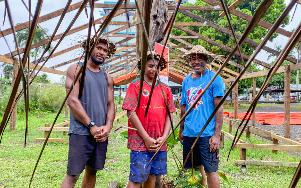 From left to right: Jope Ubitau, Steven Ledua and Biu Veigaravi stand before the build shed structure measuring 36 x 10 metres.