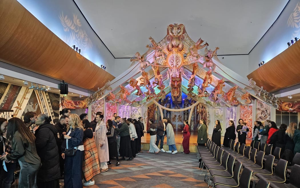 The pōwhiri for the Kura Reo Taiao at Rongomaraeroa Marae at Te Papa.