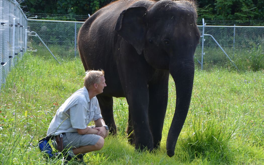 Elephants arriving to Auckland Zoo. Anjalee pictured with Auckland Zoo’s Elephant Team Leader Andrew Coers