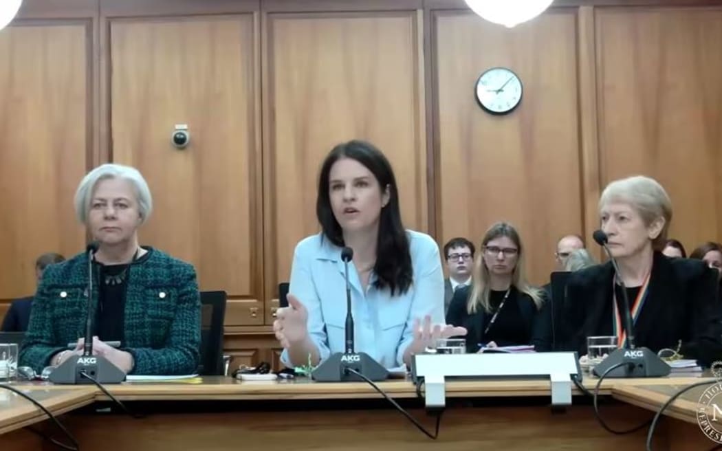 INZ head Alison McDonald, immigration minister Erica Stanford and MBIE chief executive Carolyn Tremain at Tuesday's hearing.
