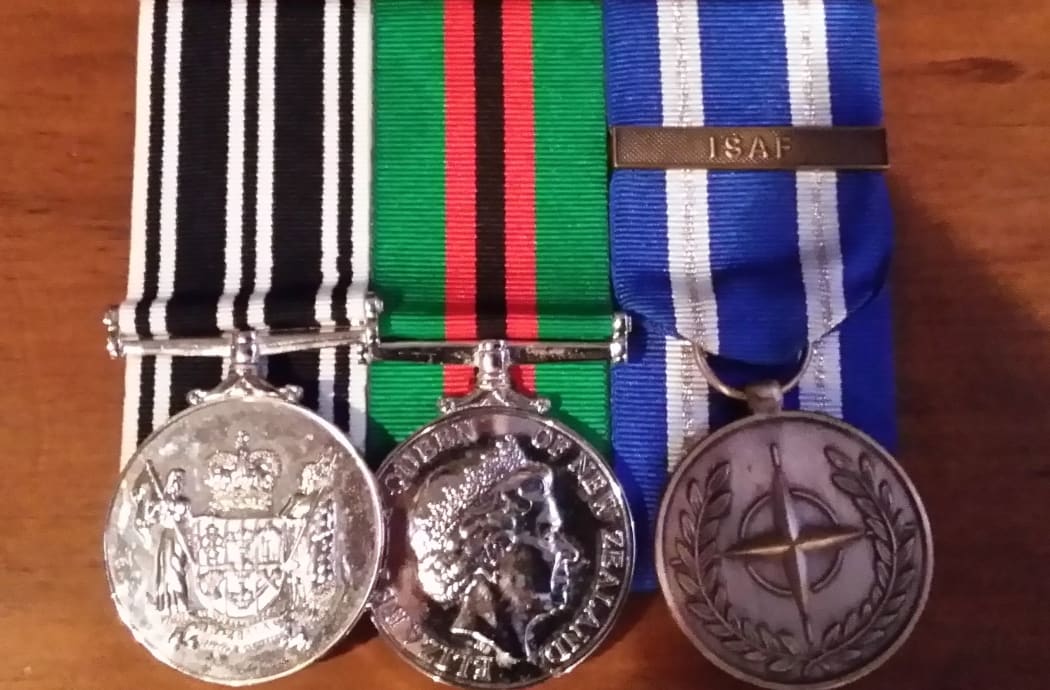 The stolen medals. From left, The NZ Operational Service Medal, the NZ General Service Medal 2002 (Afghanistan), and the NATO medal for the Non-Article 5 ISAF operation in Afghanistan.