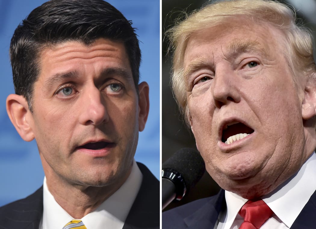 This combination of photos shows Republican presidential nominee Donald Trump(R) on October 10, 2016 and Speaker of the House Paul Ryan, R-WI, on June 22, 2016