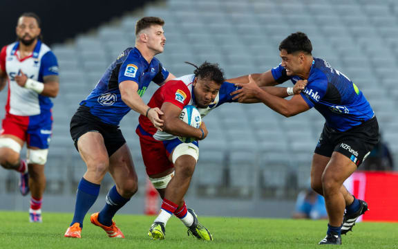 Moana Pasifika loose forward Semisi Tupou Ta’eiloa during the Super Rugby Paciﬁc - Blues v Moana Pasifika at Eden Park, Auckland - New Zealand - on Saturday  12th  April  2025.
Photo credit: Brett Phibbs / www.photosport.nz
