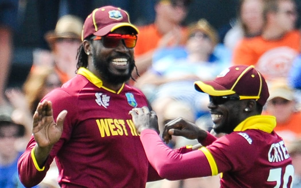 Batsman Chris Gayle celebrates a wicket with a West Indies team-mate.
