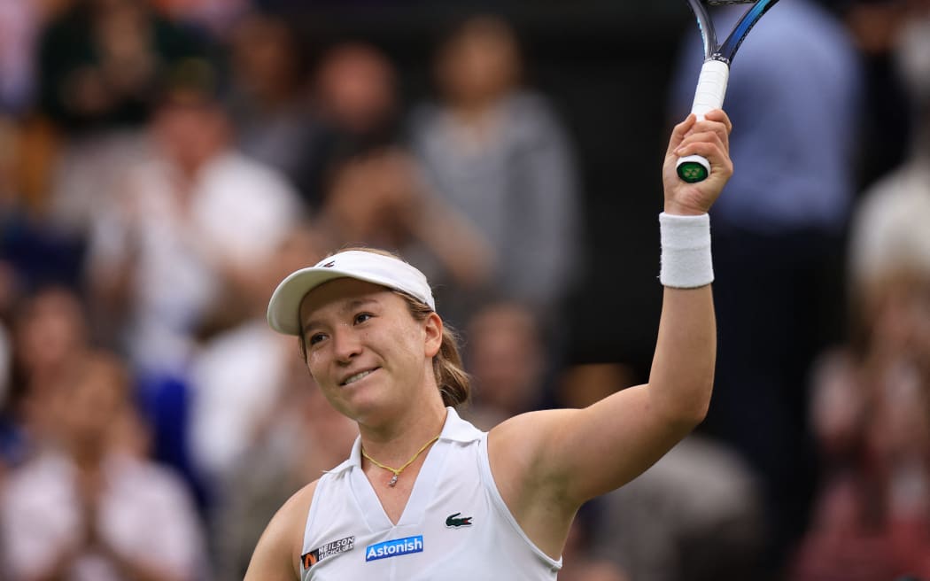 Lulu Sun of New Zealand reacts after winning the ladies’ singles 4th round match against Emma Raducanu of United Kingdom on the day 7 of the Wimbledon tennis championships at All England Lawn Tennis and Croquet Club in London, United Kingdom on July 7, 2024. Lulu Sun won the match to advance to quarterfinals.( The Yomiuri Shimbun ) (Photo by Takuya Matsumoto / Yomiuri / The Yomiuri Shimbun via AFP)