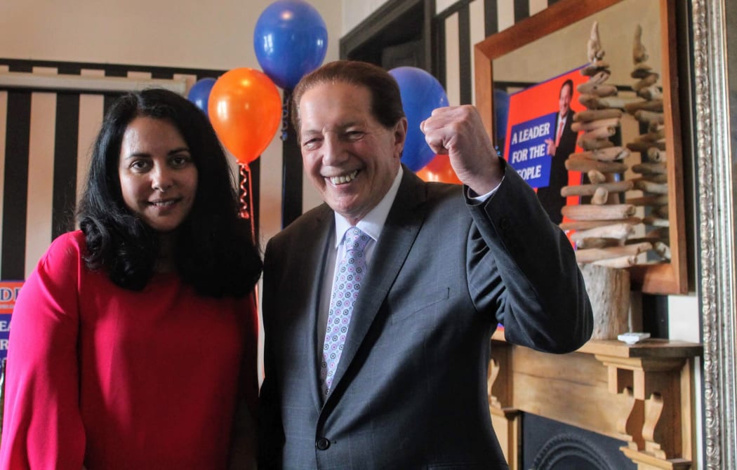Sir Tim Shadbolt celebrated his re-election with his partner Asha Dutt.