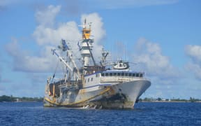 The purse seiner Ocean Expedition anchored in Majuro lagoon. A PNG national is charged with murdering a Kiribati fisherman onboard the vessel last week.