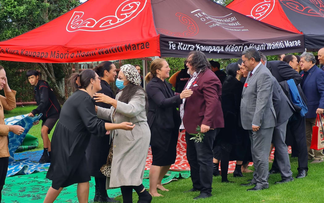 Members of Te Rūnanga Nui, the Waitangi Tribunal and the Ministry of Education being welcomed onto Hoani Waititi Marae.
