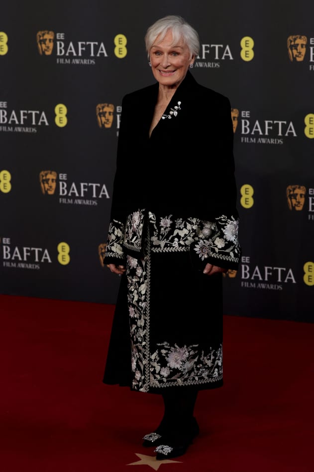 US actress Glenn Close poses on the red carpet upon arrival at the BAFTA British Academy Film Awards at the Royal Festival Hall, Southbank Centre, in London, on February 22, 2026.