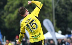 The Phoenix' Jason Hicks celebrates a goal at the Hutt Recreation Ground.