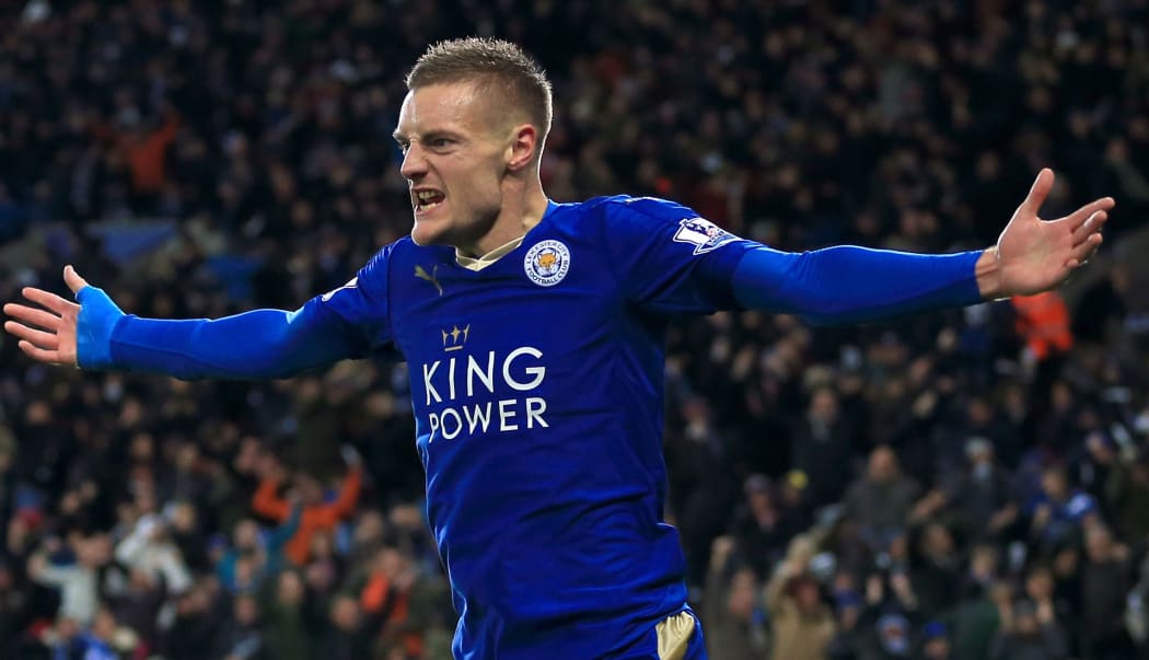 Jamie Vardy of Leicester celebrates a goal.