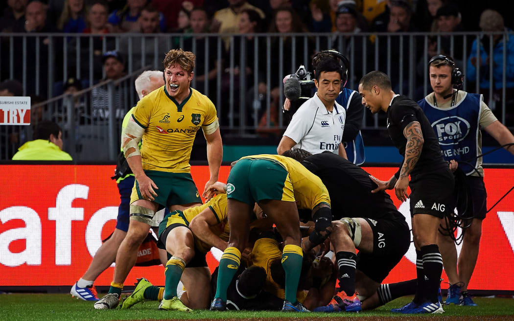 Michael Hooper of the Wallabies celebrates a Try during the 2019 Bledisloe Cup test match against the All Blacks.