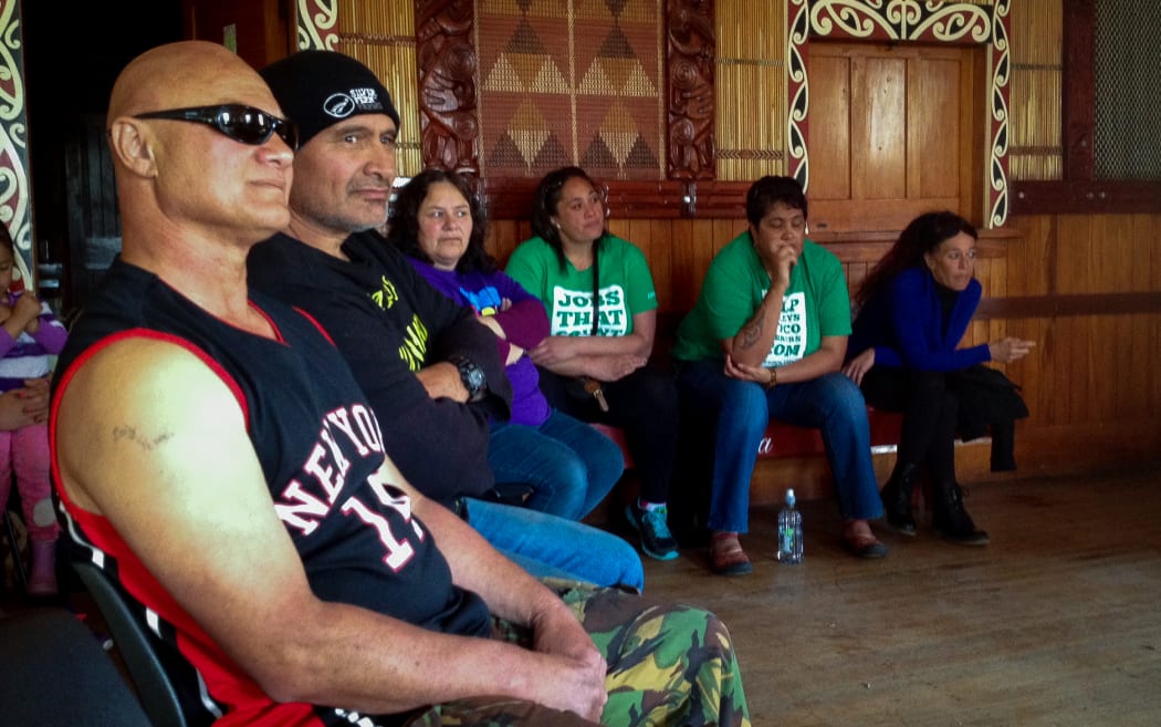 This is Frank (front left) at the Shed Meeting with the Meat Workers Union at the Taihoa Marae, Wairoa.