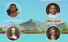 An illustration of New Zealand with the faces of Kupe, Abel Tasman, Captain Cook and Joan Blaeu. Below each face is the name they gave to the land - Aotearoa, Staten Landt and New Zealand.