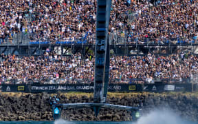 New Zealand SailGP Team helmed by Peter Burling sails towards spectators in the grandstand on Race Day 1 of The Rolex SailGP 2025 Championship ITM New Zealand Sail Grand Prix in Auckland, New Zealand. Saturday 18 January 2025. Photo: Felix Diemer for SailGP. Handout image supplied by SailGP