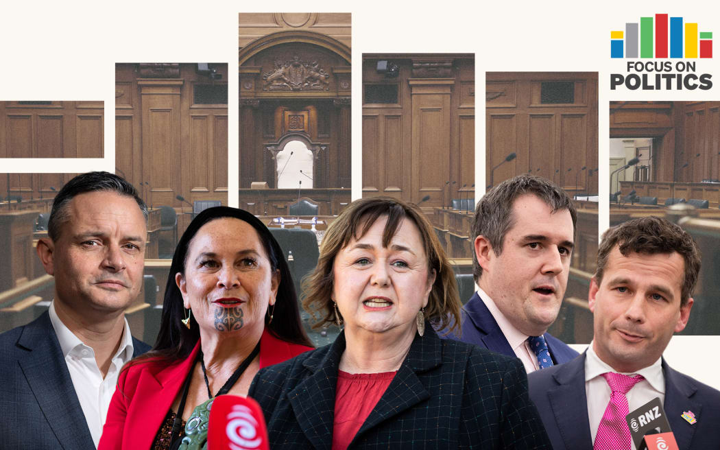 Composite image of James Shaw, Debbie Ngarewa-Packer, Megan Woods, Chris Bishop, and David Seymour in front of an empty Parliament floor.