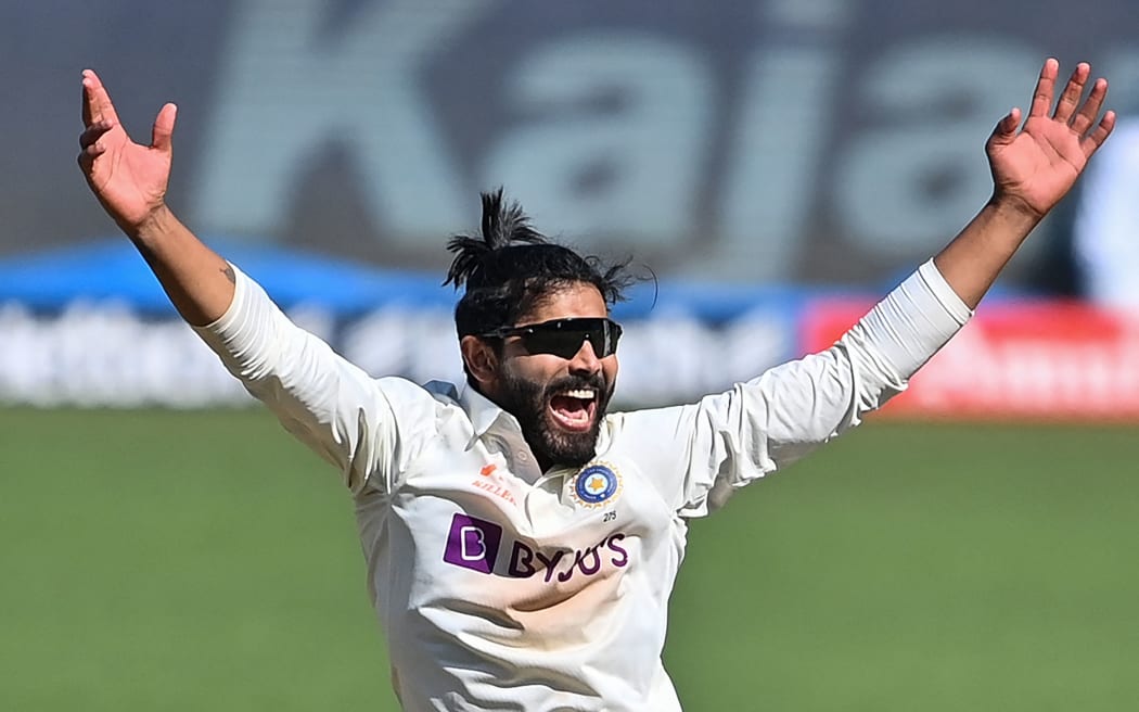 India's Ravindra Jadeja celebrates a wicket.