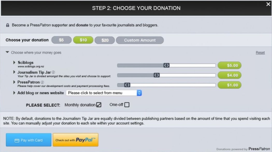 A mock-up of Alex Clark's Press Patron platfrom allowing users to donate to several news sites at once.