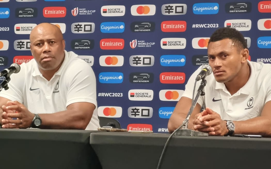 Flying Fijians assistant coach Seremiah Bai, left, with  Vilive Miramira at a press conference in Marseille ahead of the quarterfinal match against England.