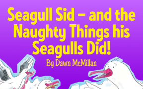 Text reads "Featuring Seagull Sid — and the Naughty Things his Seagulls Did! by Dawn McMillan" and is illustrated with several seagulls
