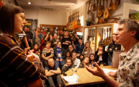 Nadia Reid and Nick Bollinger at a LitCrawl event at Alistair's Music on Cuba Street