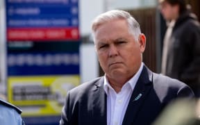 Police Minister Mark Mitchell outside Waikato Hospital.