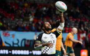 Fuji’s Terio Veilawa gestures after scoring a try against Australia during the HSBC Canada Rugby Sevens tournament in Vancouver, Canada, on March 7, 2026. (Photo by Don MacKinnon / AFP)