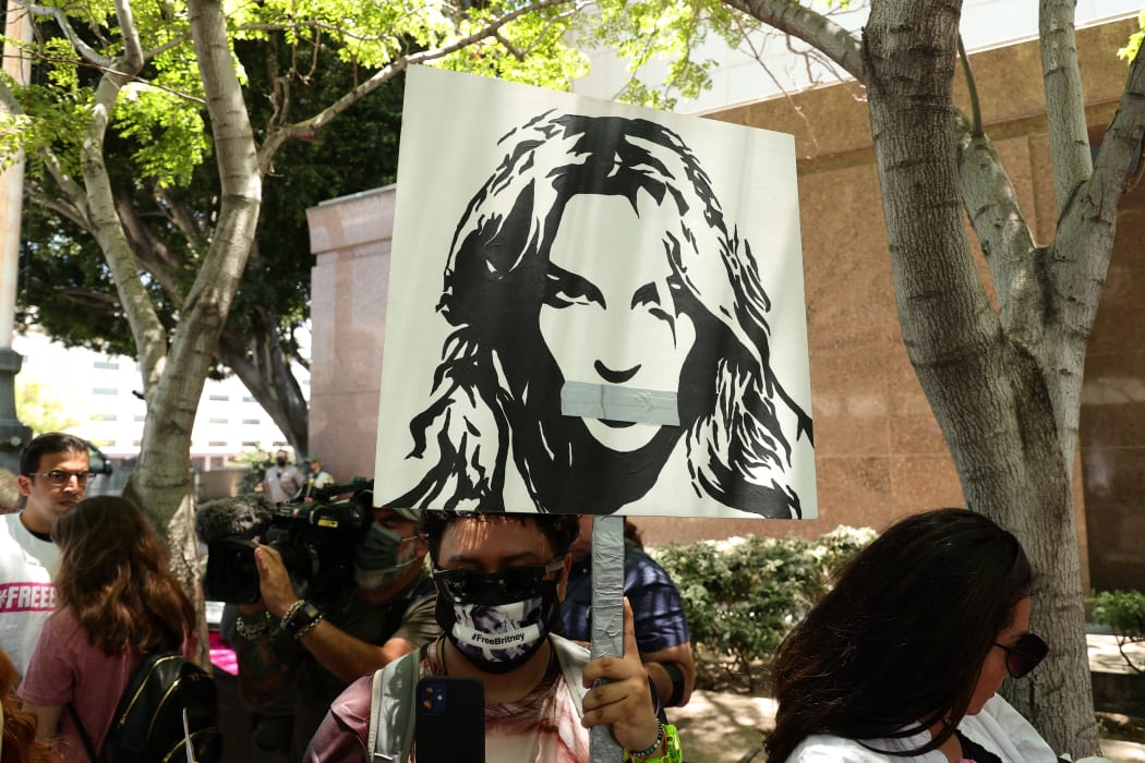 #FreeBritney activists protest at Los Angeles Grand Park during her conservatorship hearing.