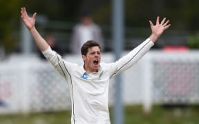 Mitchell Santner appeals successfully for lbw to dismiss Dinesh Chandimal. Copyright photo: Andrew Cornaga / www.photosport.nz