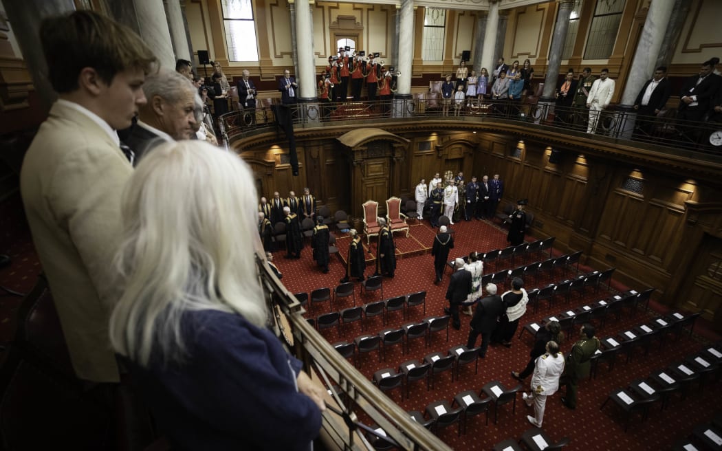 Dignitaries including the Governor-General Dame Cindy Kiro file into the Legislative Council Chamber ahead of the Speech from the Throne.