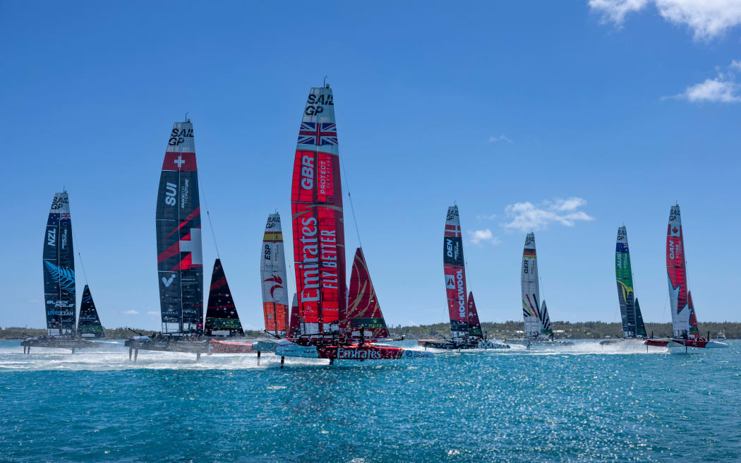 The SailGP F50 catamaran fleet in action in Bermuda Sail Grand Prix in Bermuda. 2024.