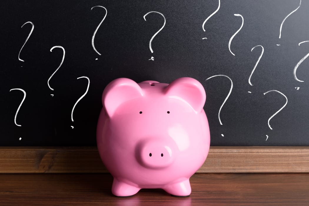 A file photo shows a piggy bank in front of a blackboard with question marks.