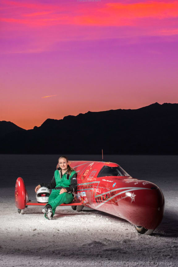 Eva Hakansson with her sidecar motorcycle Killajoule.