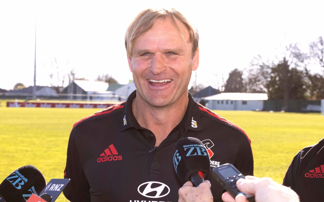Crusaders coach Scott Robertson talks to media