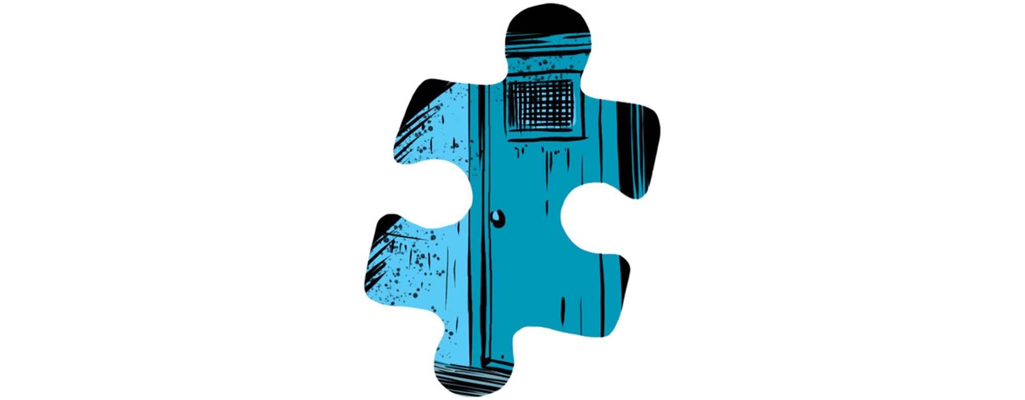 Dark graphic novel style illustration of secure locked door inside a youth justice residence framed in a puzzle piece.