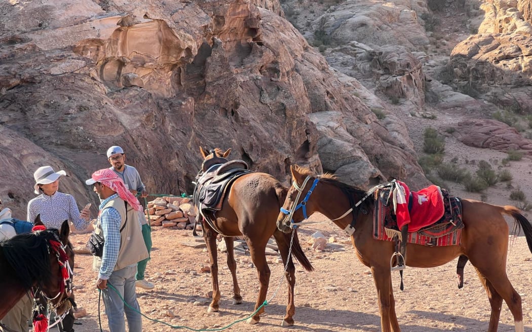 Sharon Brettkelly (far left) interviewing horse owner Omar Al-Hlalat as his horses stand by.