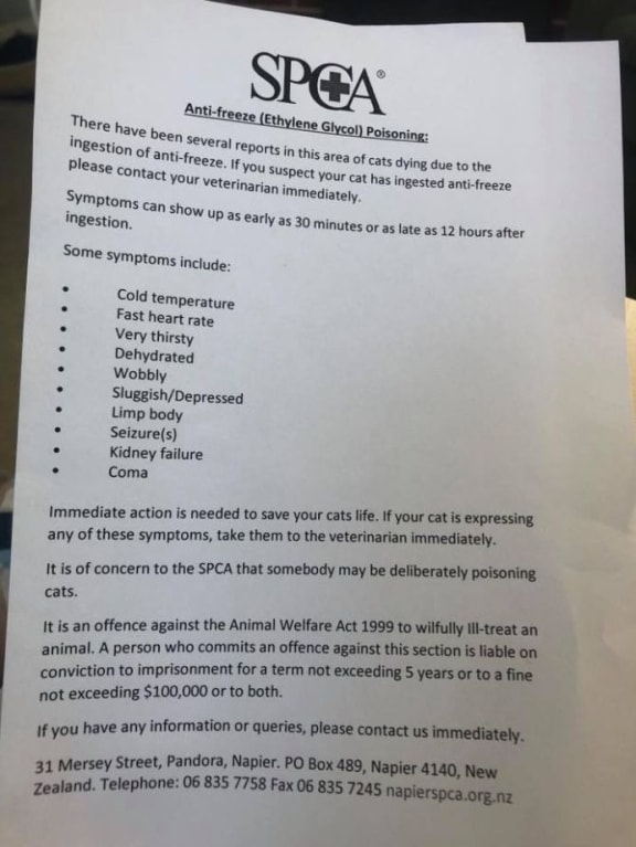 A notice from SPCA warning about the symptoms of cats eating anti-freeze.
